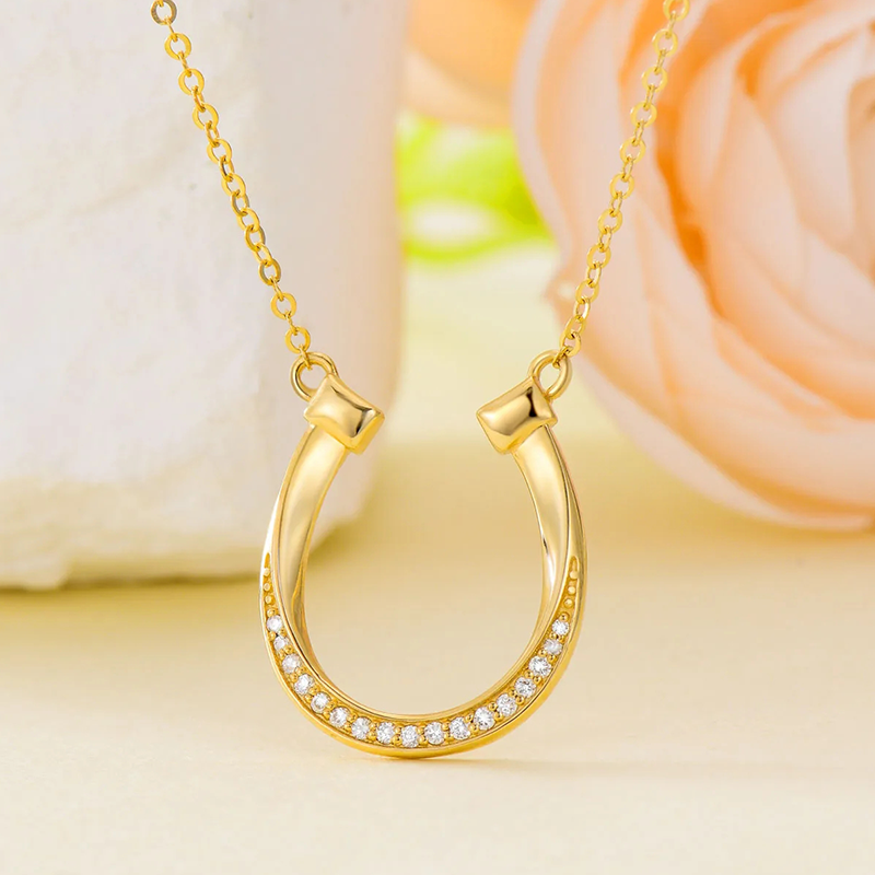 10K Gold Cubic Zirconia Horseshoe Pendant Necklace-4
