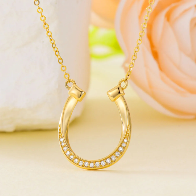 14K Gold Cubic Zirconia Horseshoe Pendant Necklace-4