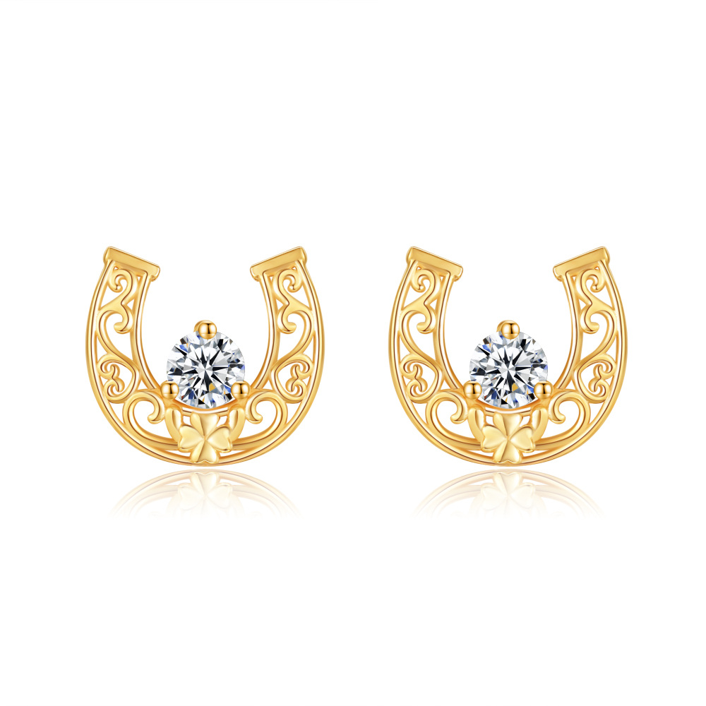 10K Gold Cubic Zirconia Horseshoe Stud Earrings-1