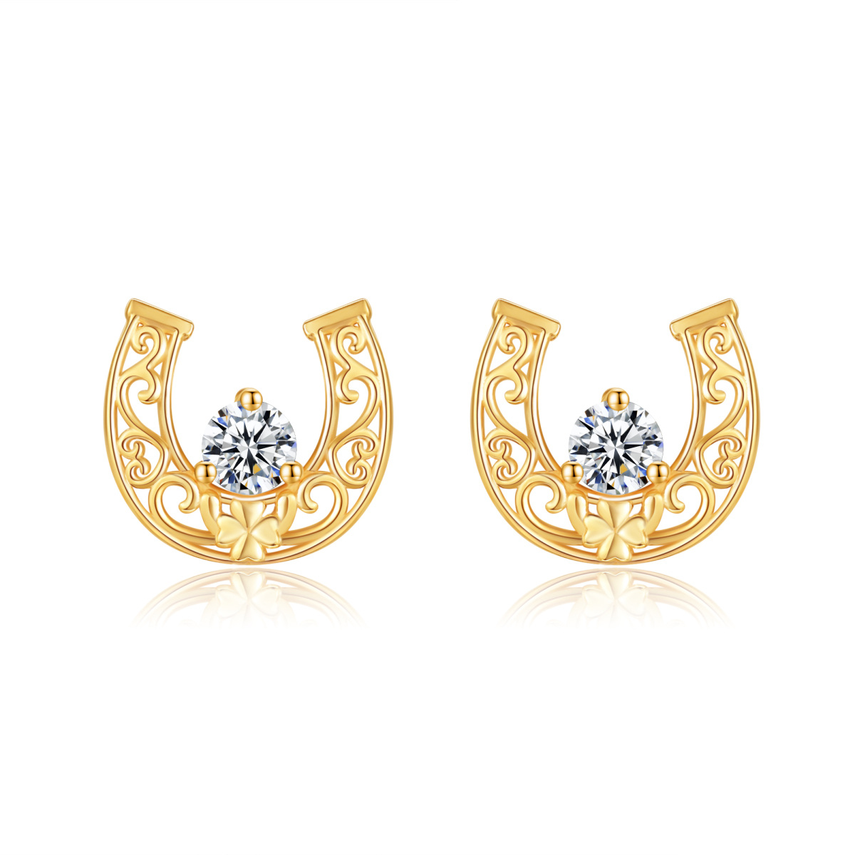 14K Gold Cubic Zirconia Horseshoe Stud Earrings-1