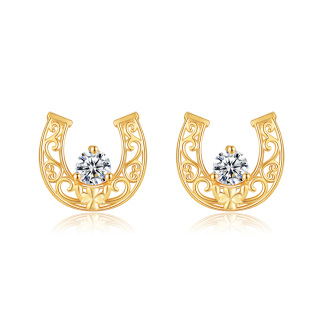 10K Gold Cubic Zirconia Horseshoe Stud Earrings-6