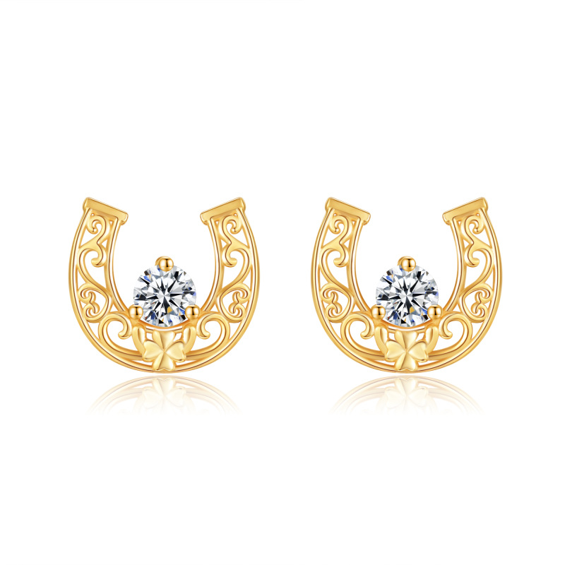 10K Gold Cubic Zirconia Horseshoe Stud Earrings-13