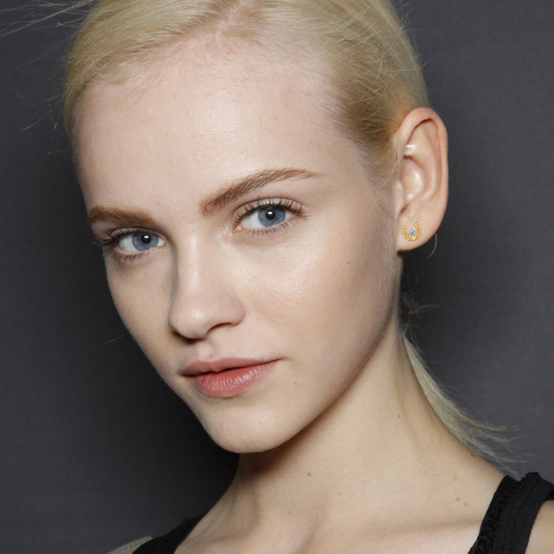 Brincos ferradura em ouro branco 10K com zircónias cúbicas-2