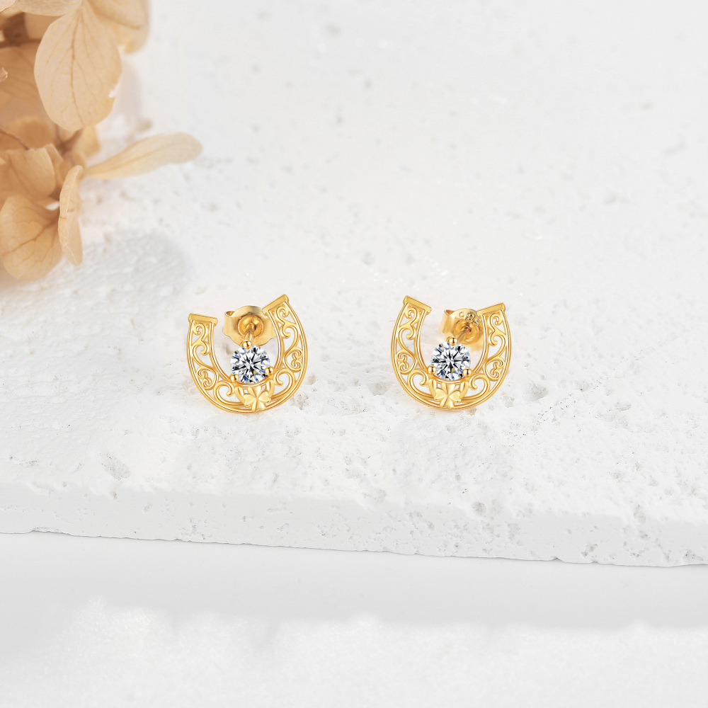 10K Gold Cubic Zirconia Horseshoe Stud Earrings-3