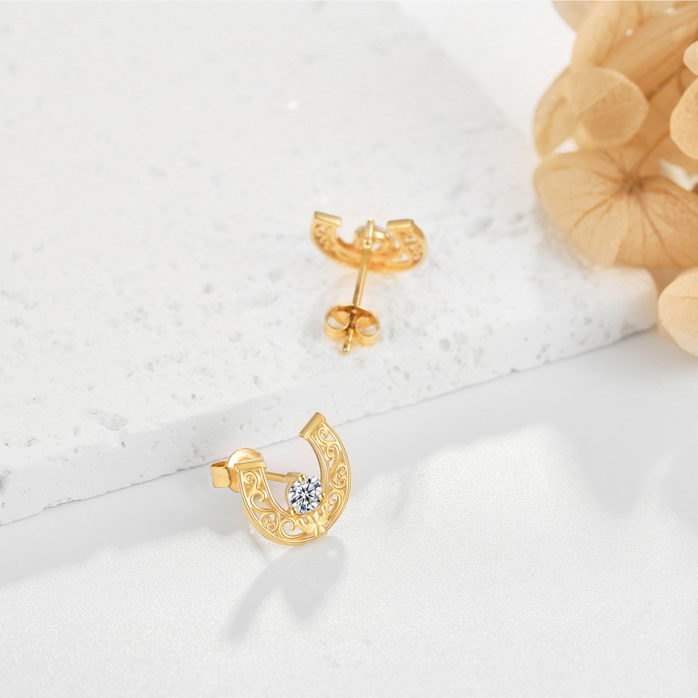 10K Gold Cubic Zirconia Horseshoe Stud Earrings-4