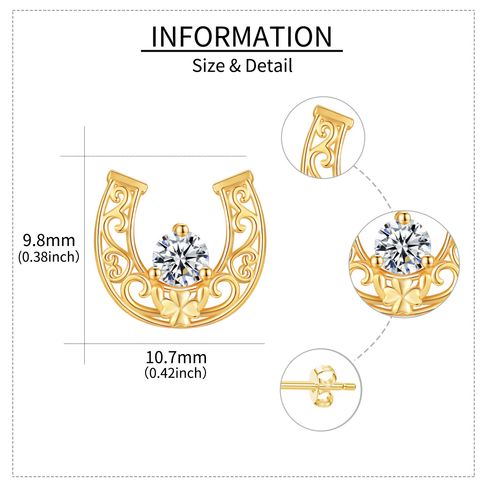10K Gold Cubic Zirconia Horseshoe Stud Earrings-5