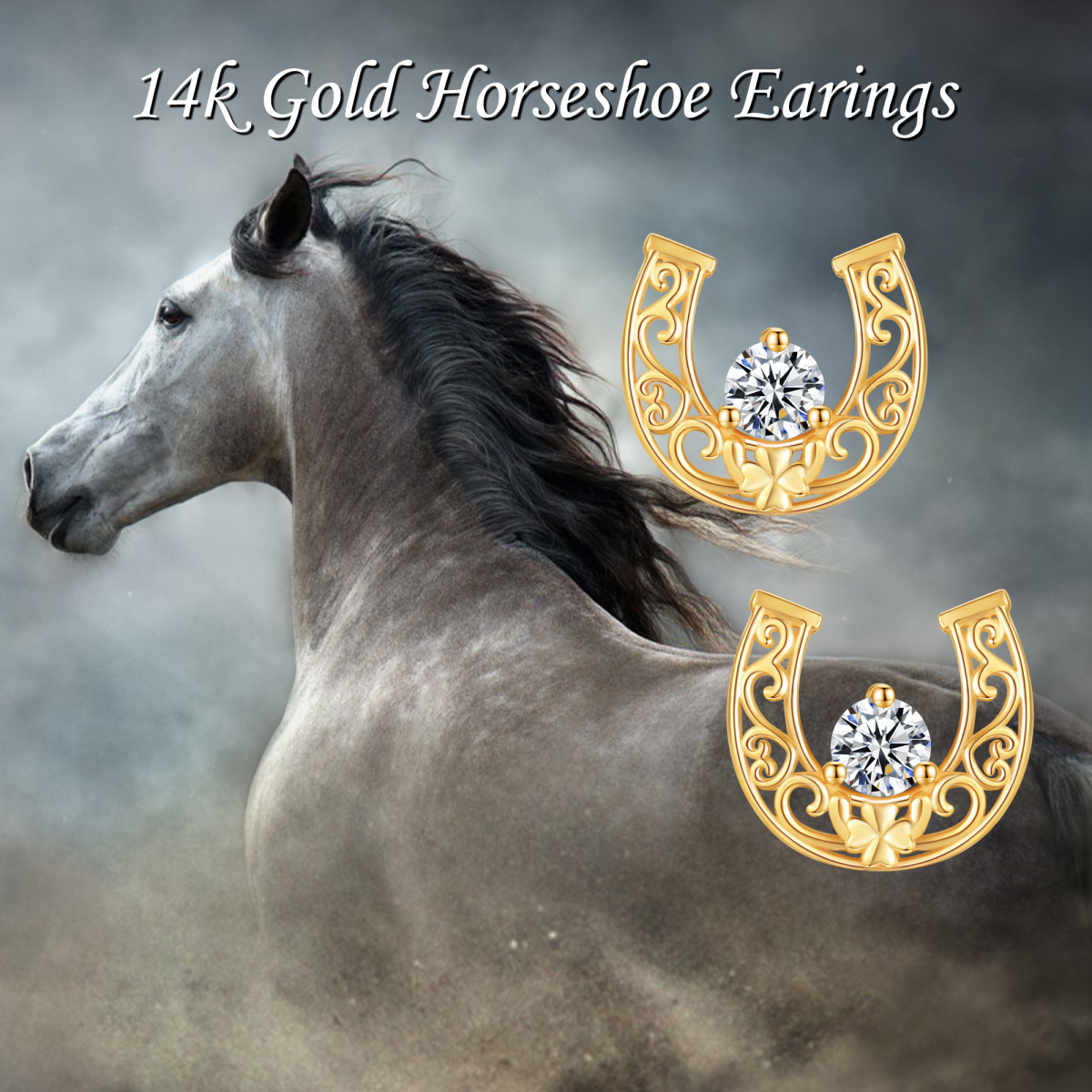 14K Gold Cubic Zirconia Horseshoe Stud Earrings-6