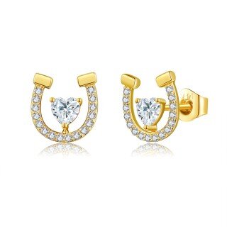 10K Gold Cubic Zirconia Horseshoe Stud Earrings-13