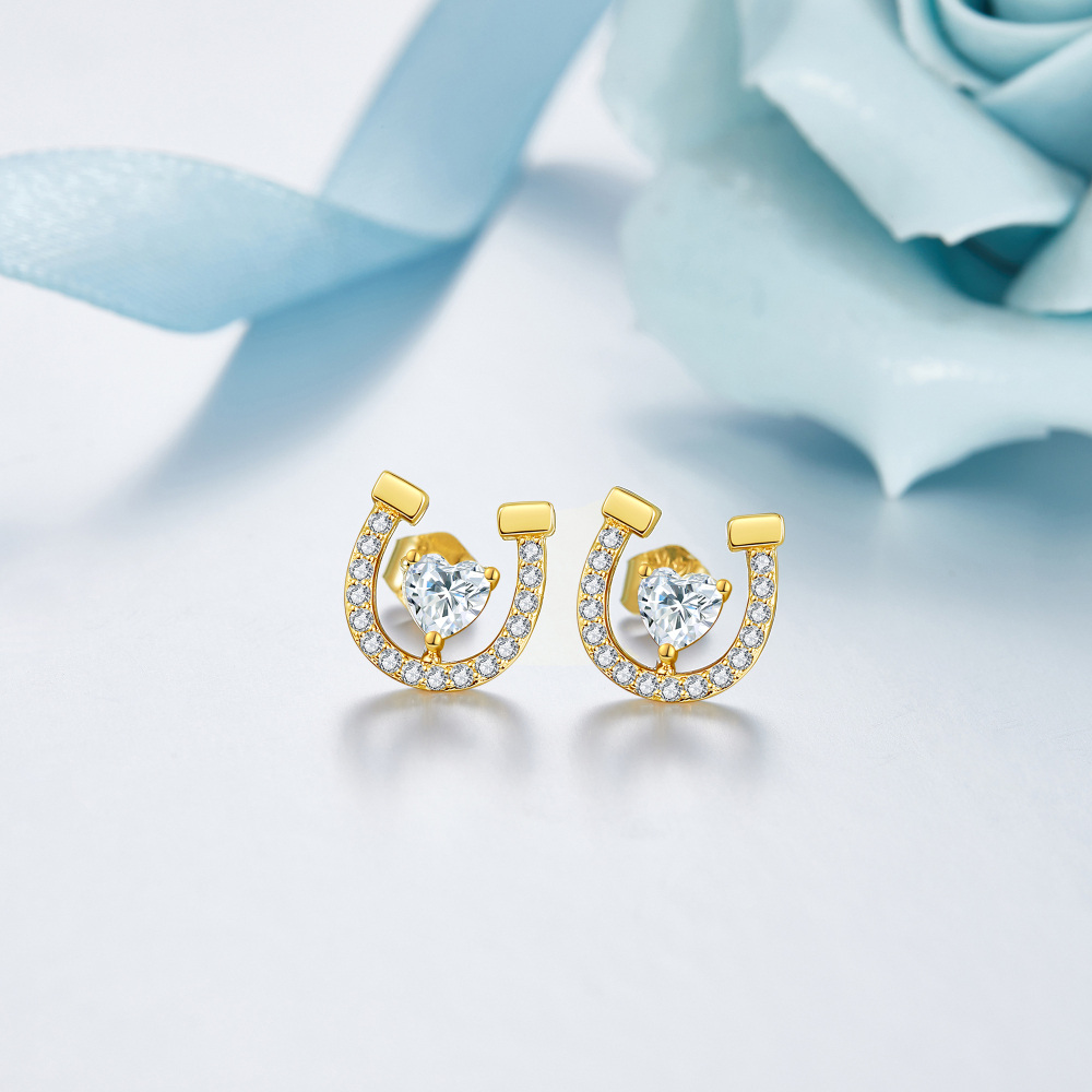 10K Gold Cubic Zirconia Horseshoe Stud Earrings-3