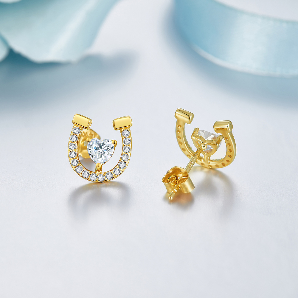 10K Gold Cubic Zirconia Horseshoe Stud Earrings-4