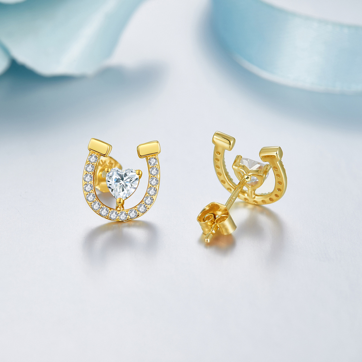 14K Gold Cubic Zirconia Horseshoe Stud Earrings-4