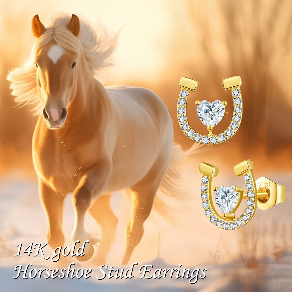 10K Gold Cubic Zirconia Horseshoe Stud Earrings-6