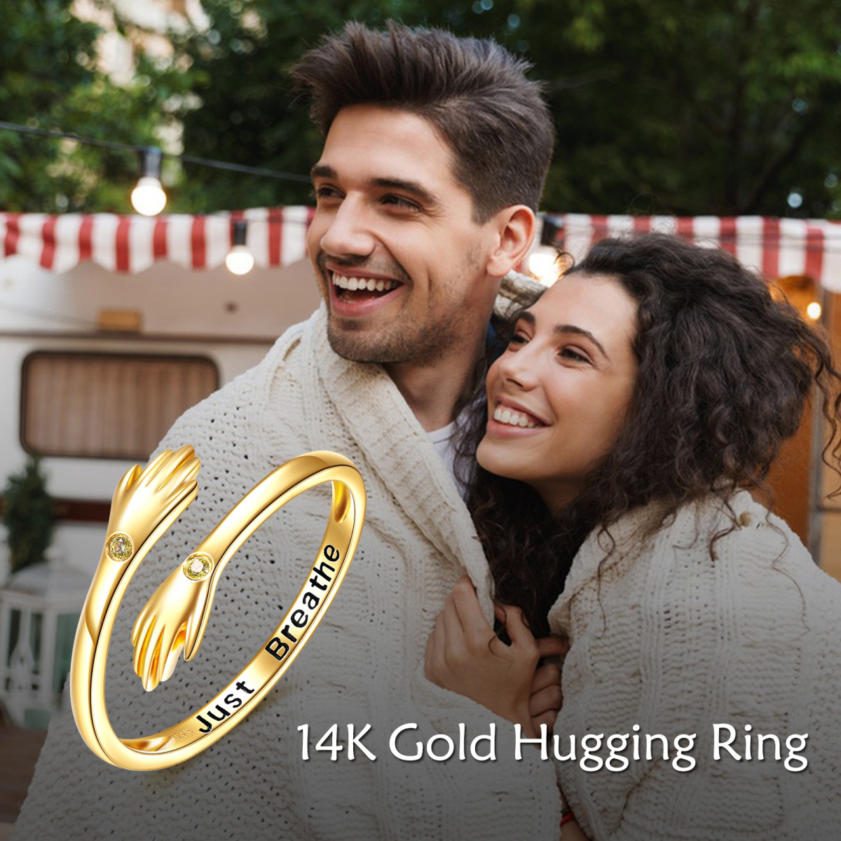 14-karatowy złoty pierścionek Cubic Zirconia Hug Open Ring z wygrawerowanym słowem-3