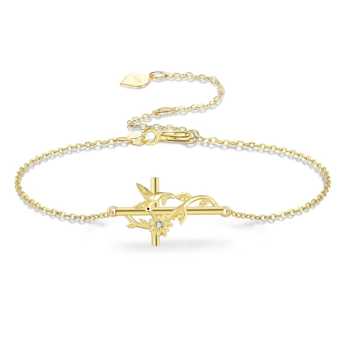 14K Gold Cubic Zirconia Hummingbird & Cross Bracelet for Women-1