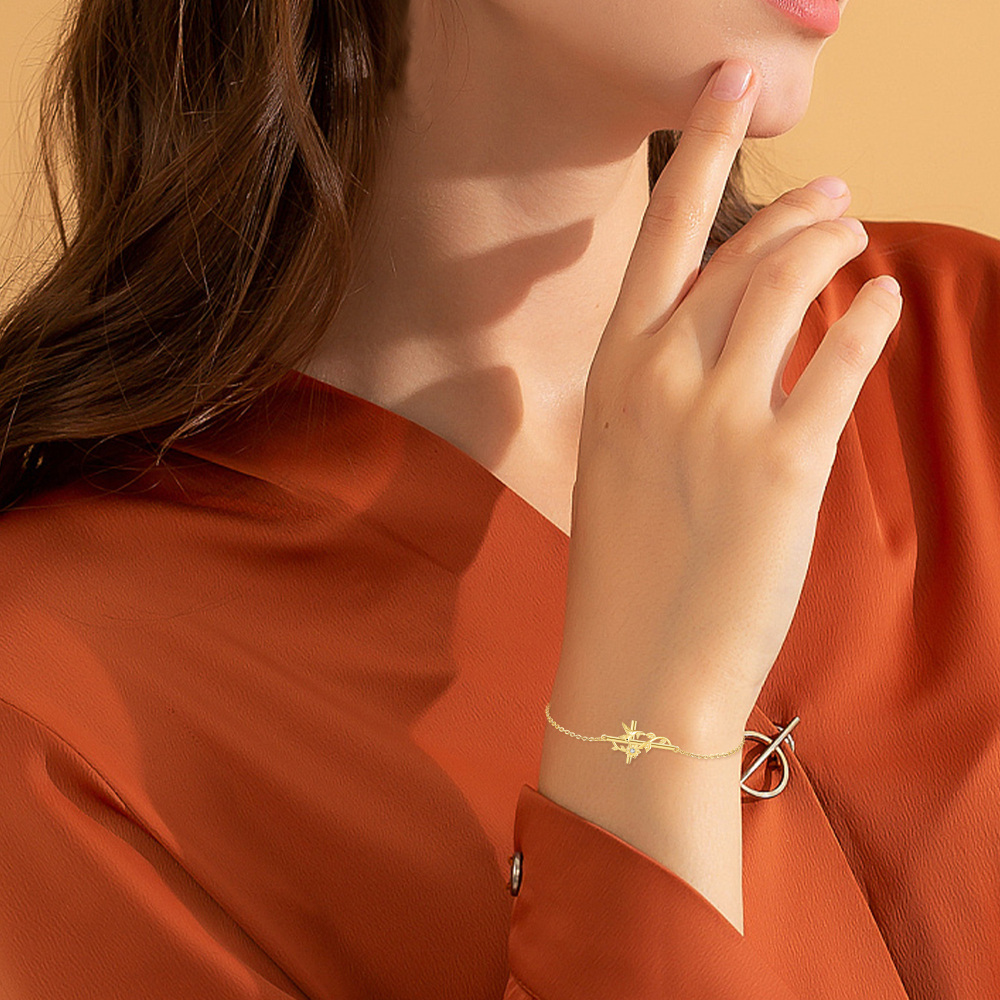 10K Gold Cubic Zirconia Hummingbird & Cross Bracelet for Women-2