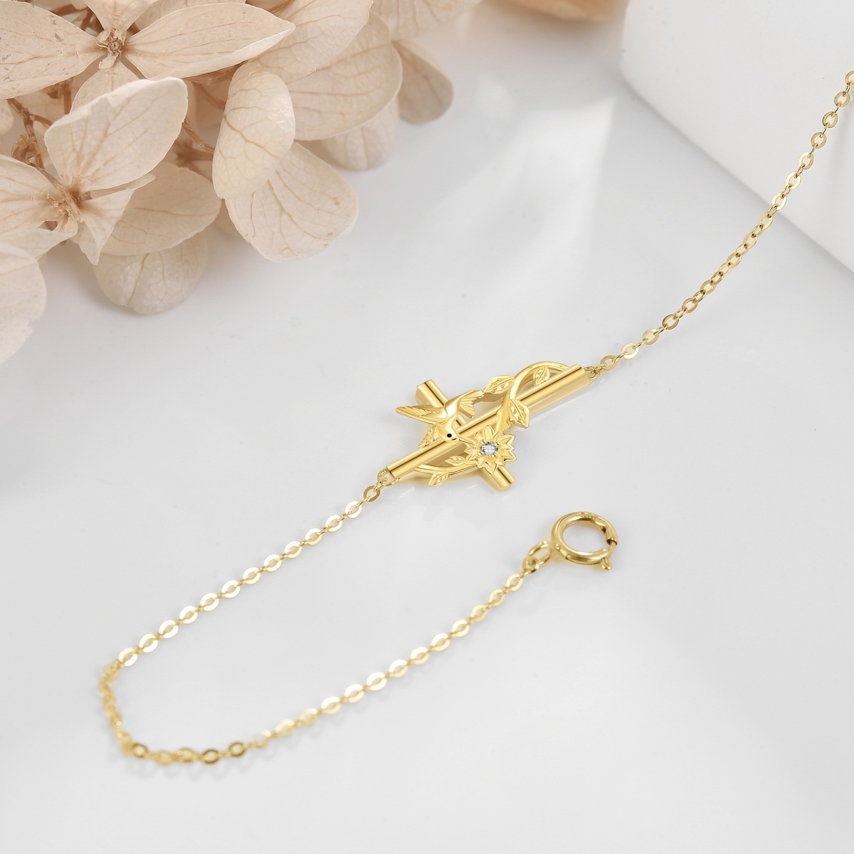 14K Gold Cubic Zirconia Hummingbird & Cross Bracelet for Women-3