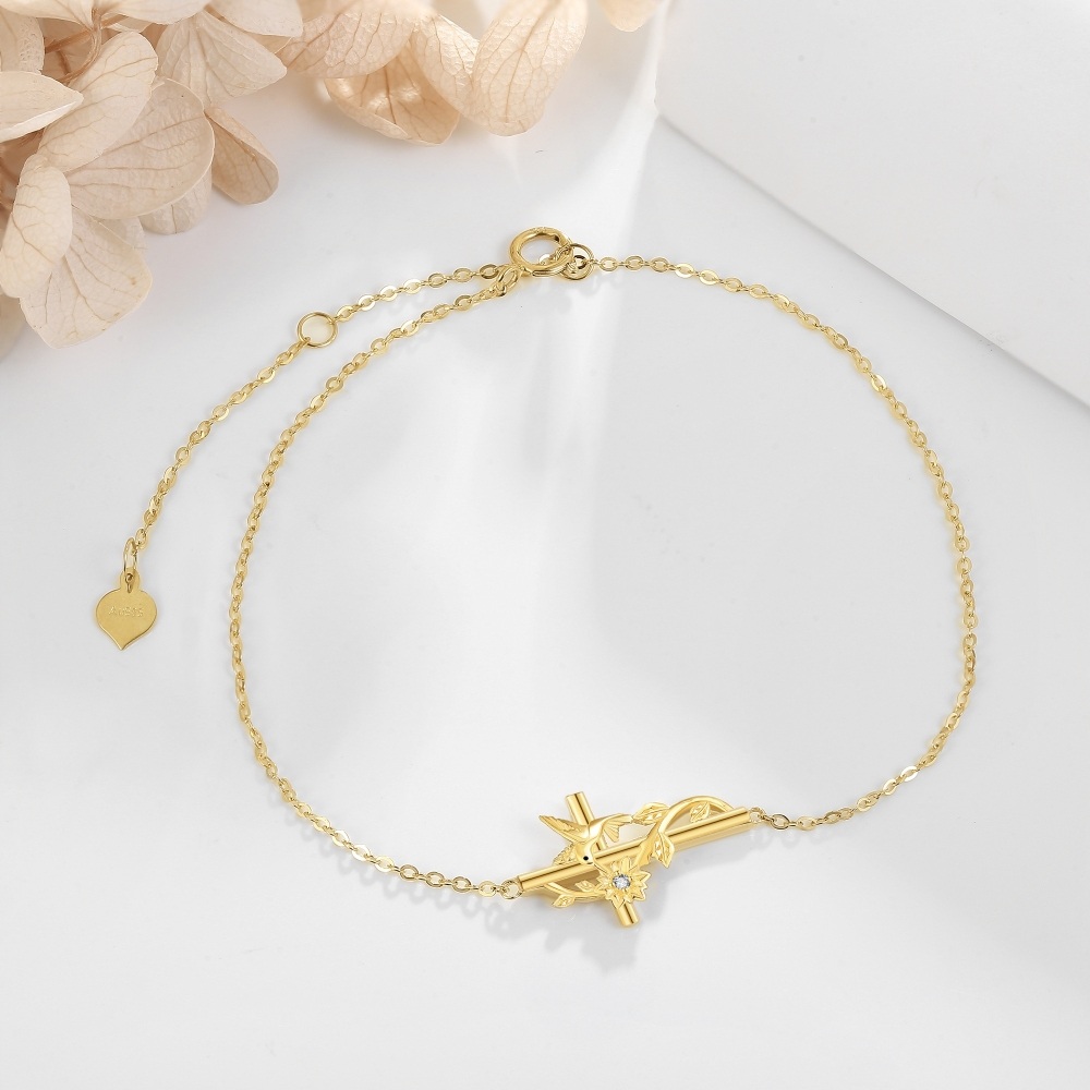 10K Gold Cubic Zirconia Hummingbird & Cross Bracelet for Women-4