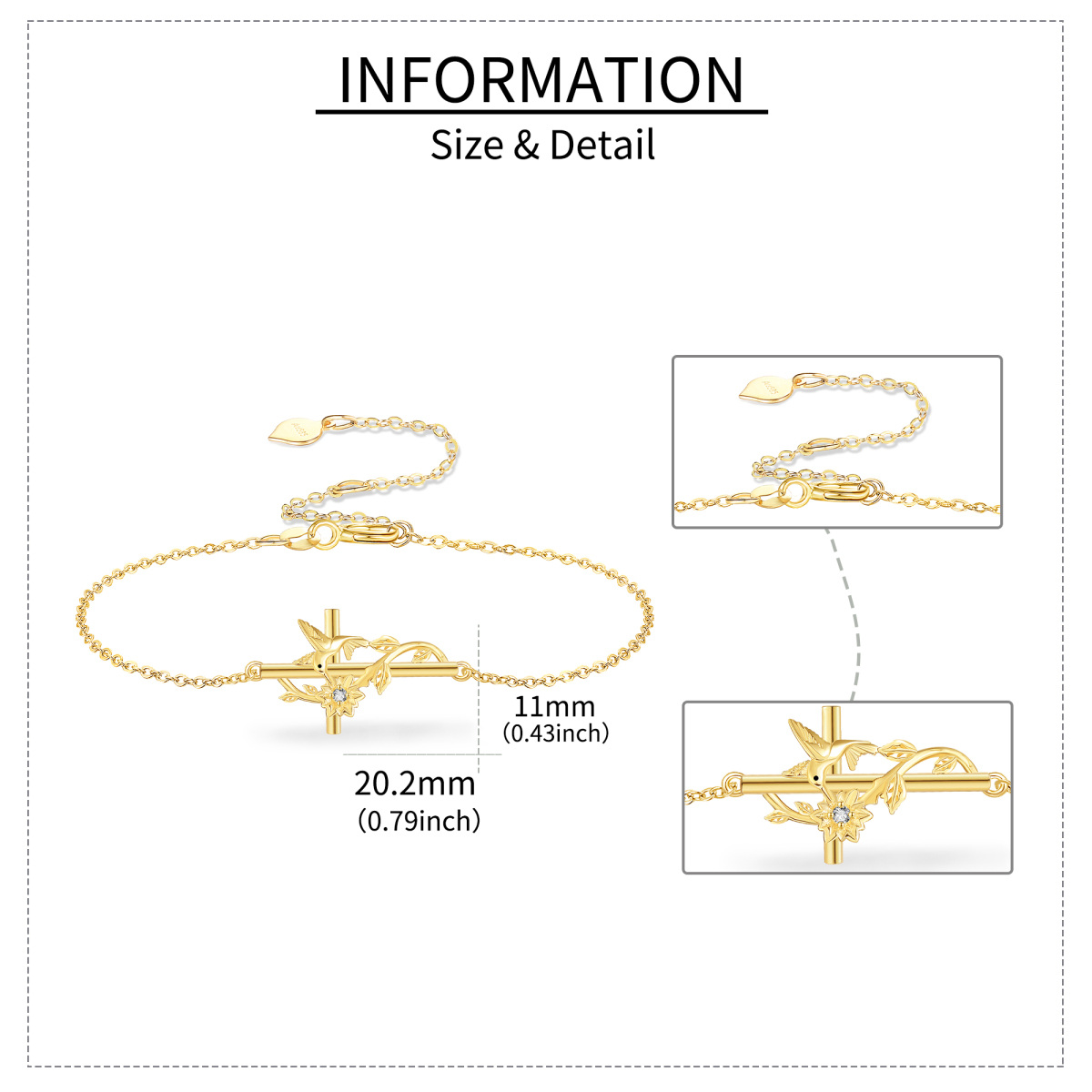 14K Gold Cubic Zirconia Hummingbird & Cross Bracelet for Women-5