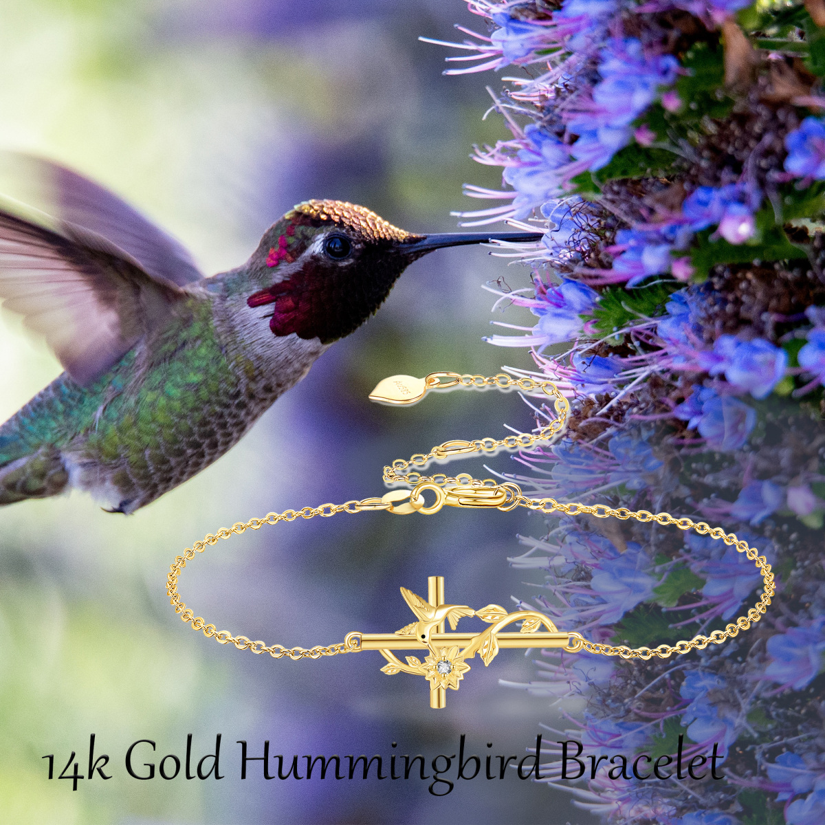 14K Gold Cubic Zirconia Hummingbird & Cross Bracelet for Women-6