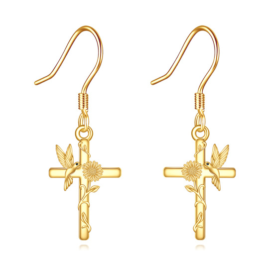 10K Gold Hummingbird & Cross Drop Earrings