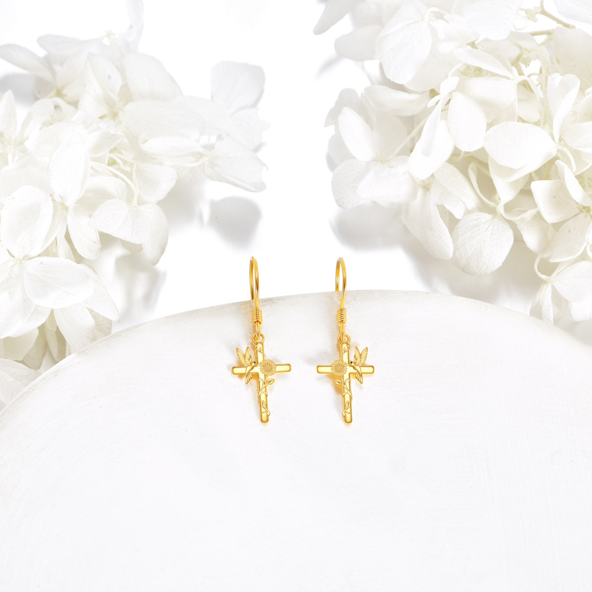 10K Gold Hummingbird & Cross Drop Earrings-3