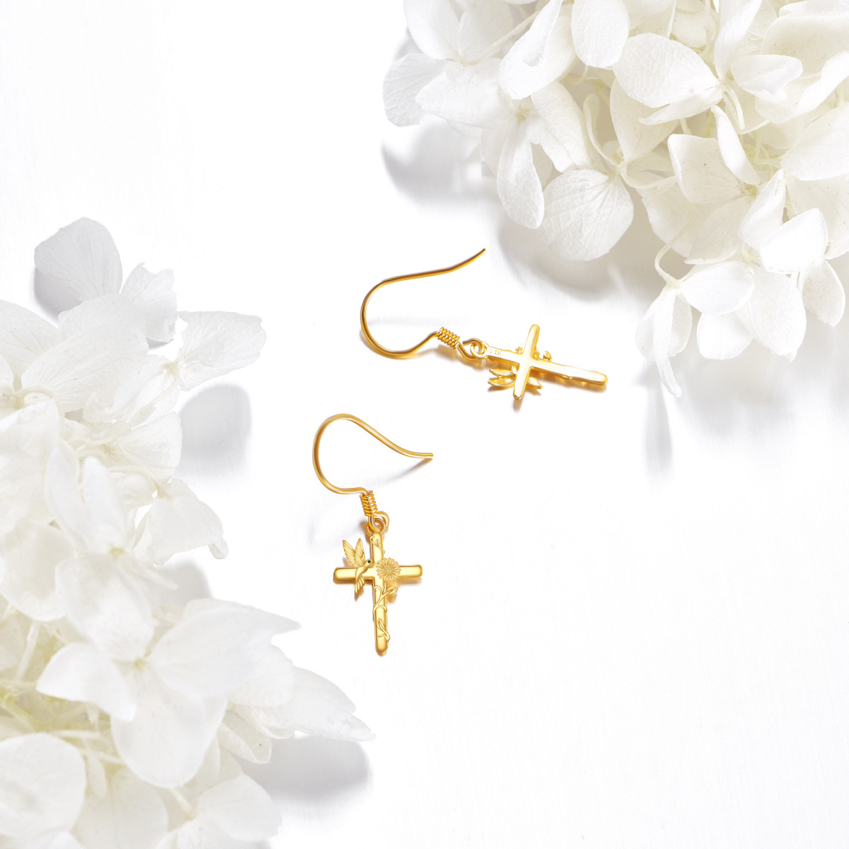 18K Gold Hummingbird & Cross Drop Earrings-4