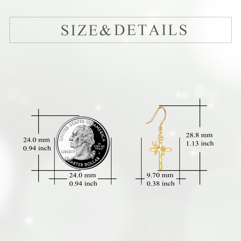 Sterling Silver with Yellow Gold Plated Hummingbird & Cross Drop Earrings-5