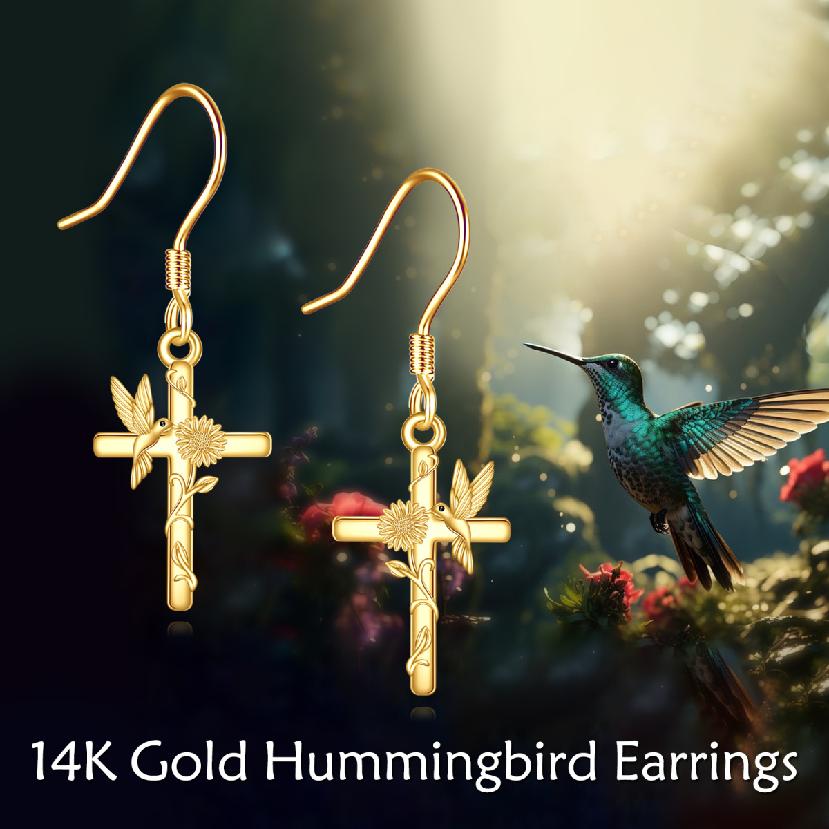 10K Gold Hummingbird & Cross Drop Earrings-6