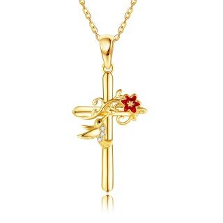 10K Gold Cubic Zirconia Hummingbird & Cross Pendant Necklace-16