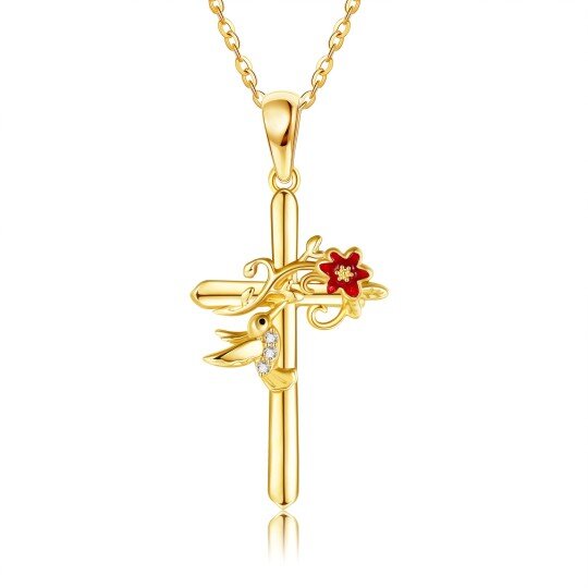 Collana con ciondolo a forma di colibrì e croce in oro 14K con zirconia cubica