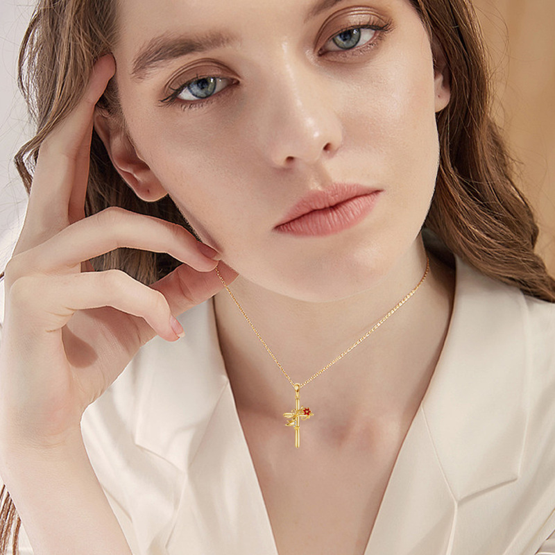 10K Gold Cubic Zirconia Hummingbird & Cross Pendant Necklace-2