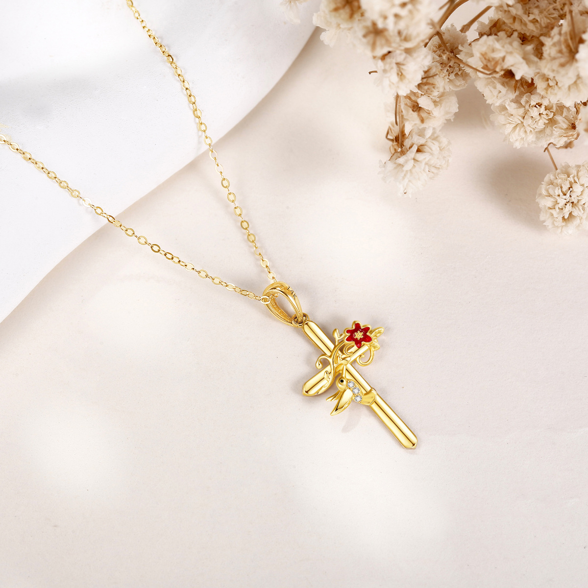 14K Gold Cubic Zirconia Hummingbird & Cross Pendant Necklace-3