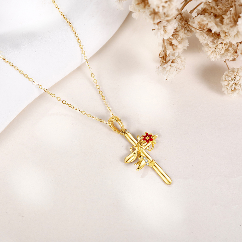 10K Gold Cubic Zirconia Hummingbird & Cross Pendant Necklace-3