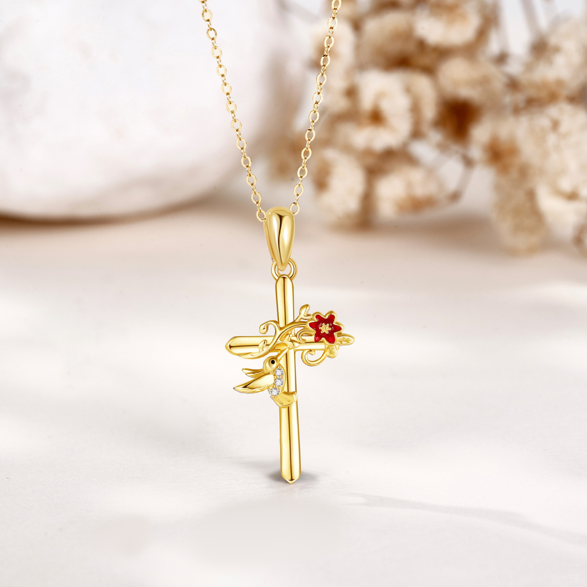 14K Gold Cubic Zirconia Hummingbird & Cross Pendant Necklace-4