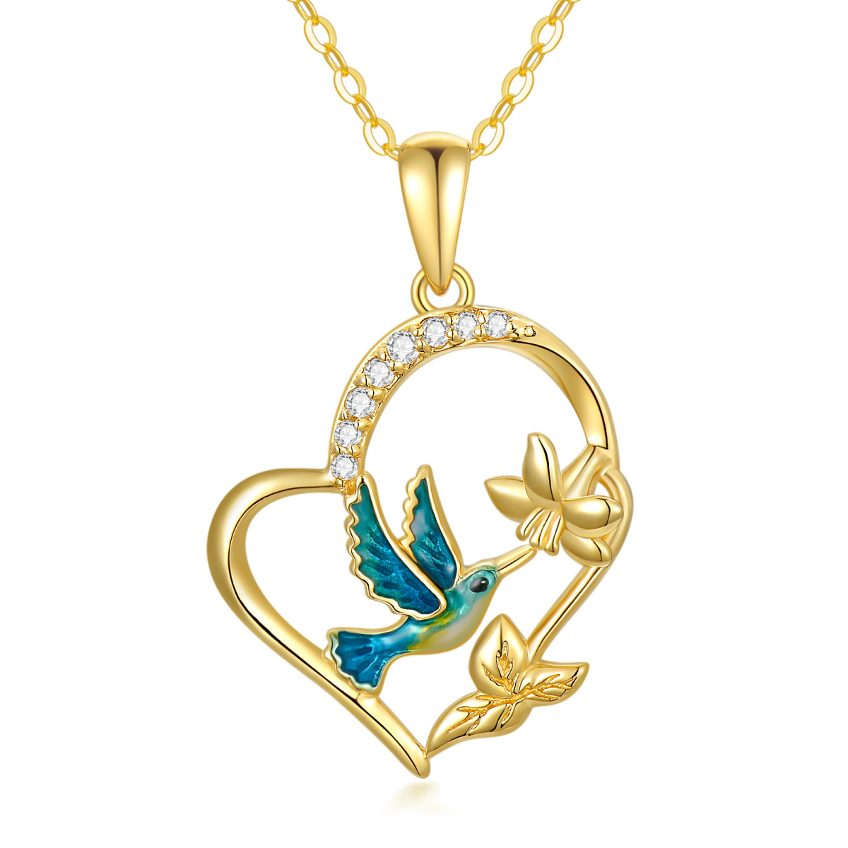 Collana con ciondolo a cuore con colibrì e narciso in oro 14K con zirconia cubica-1