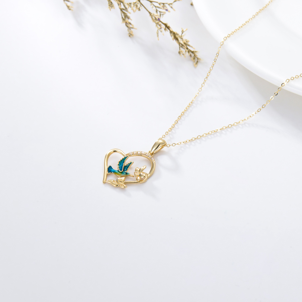 10K gouden kubieke zirkonia kolibrie narcis hart hanger ketting-4