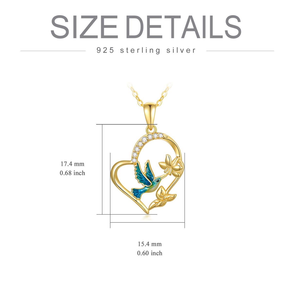 Collana con ciondolo a cuore con colibrì e narciso in oro 14K con zirconia cubica-5