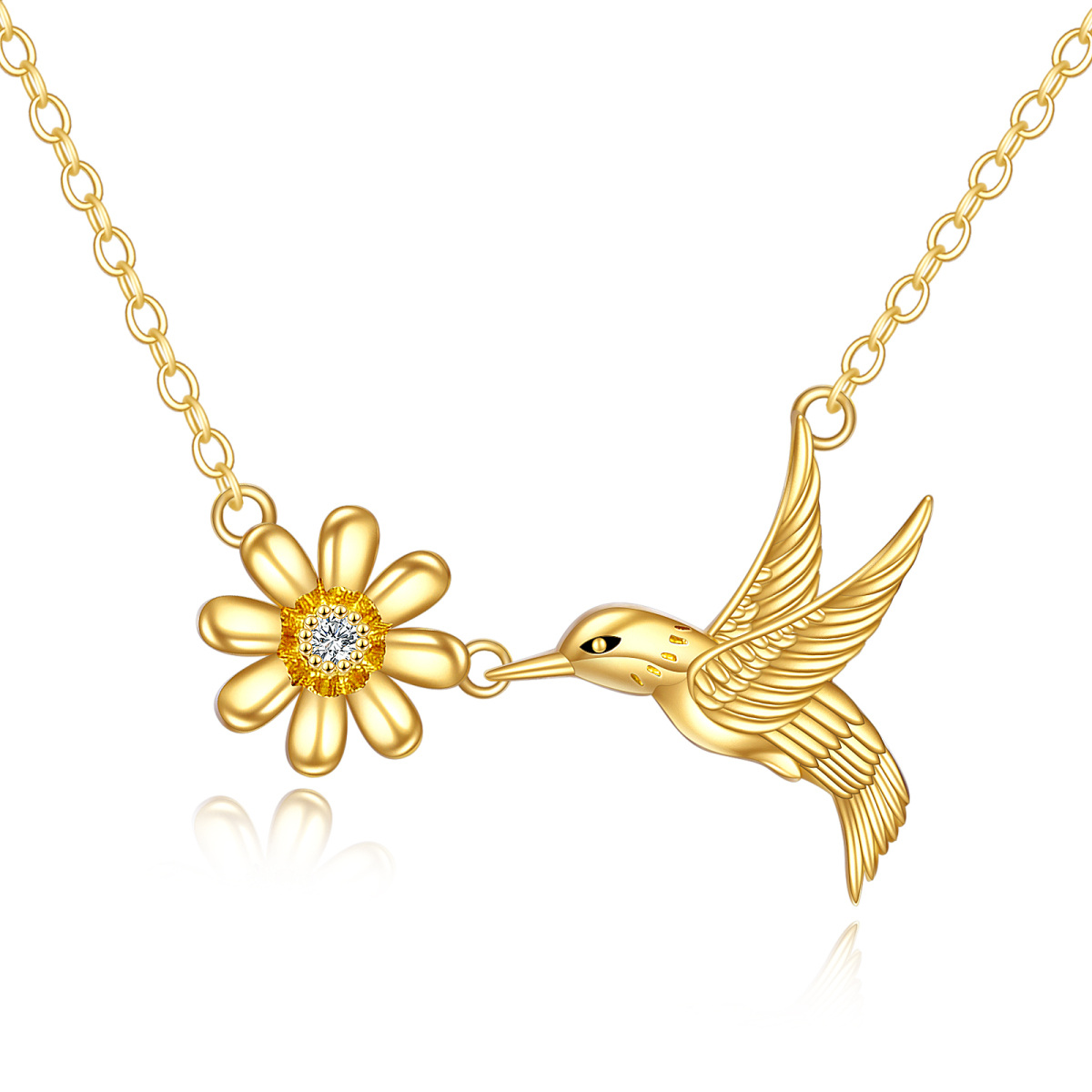 14K Gold Cubic Zirkonia Kolibri & Gänseblümchen Anhänger Halskette-1