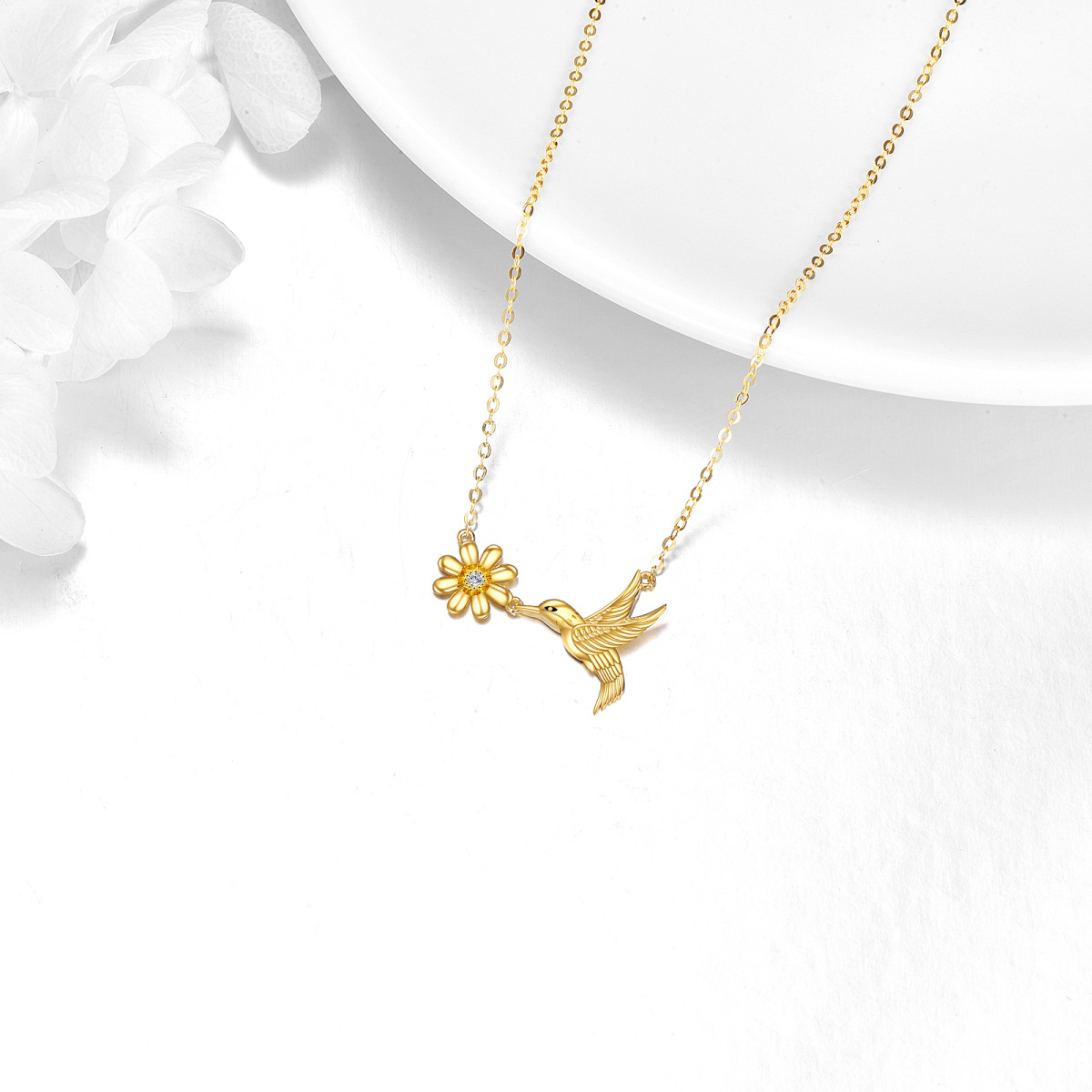 10K Gold Cubic Zirconia Hummingbird & Daisy Pendant Necklace-3