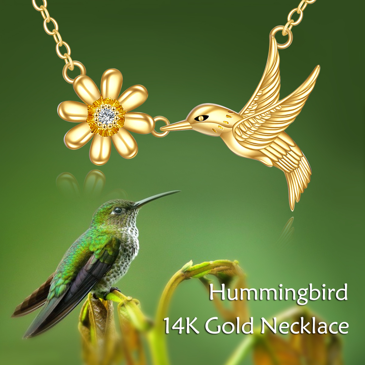 14K Gold Cubic Zirkonia Kolibri & Gänseblümchen Anhänger Halskette-5