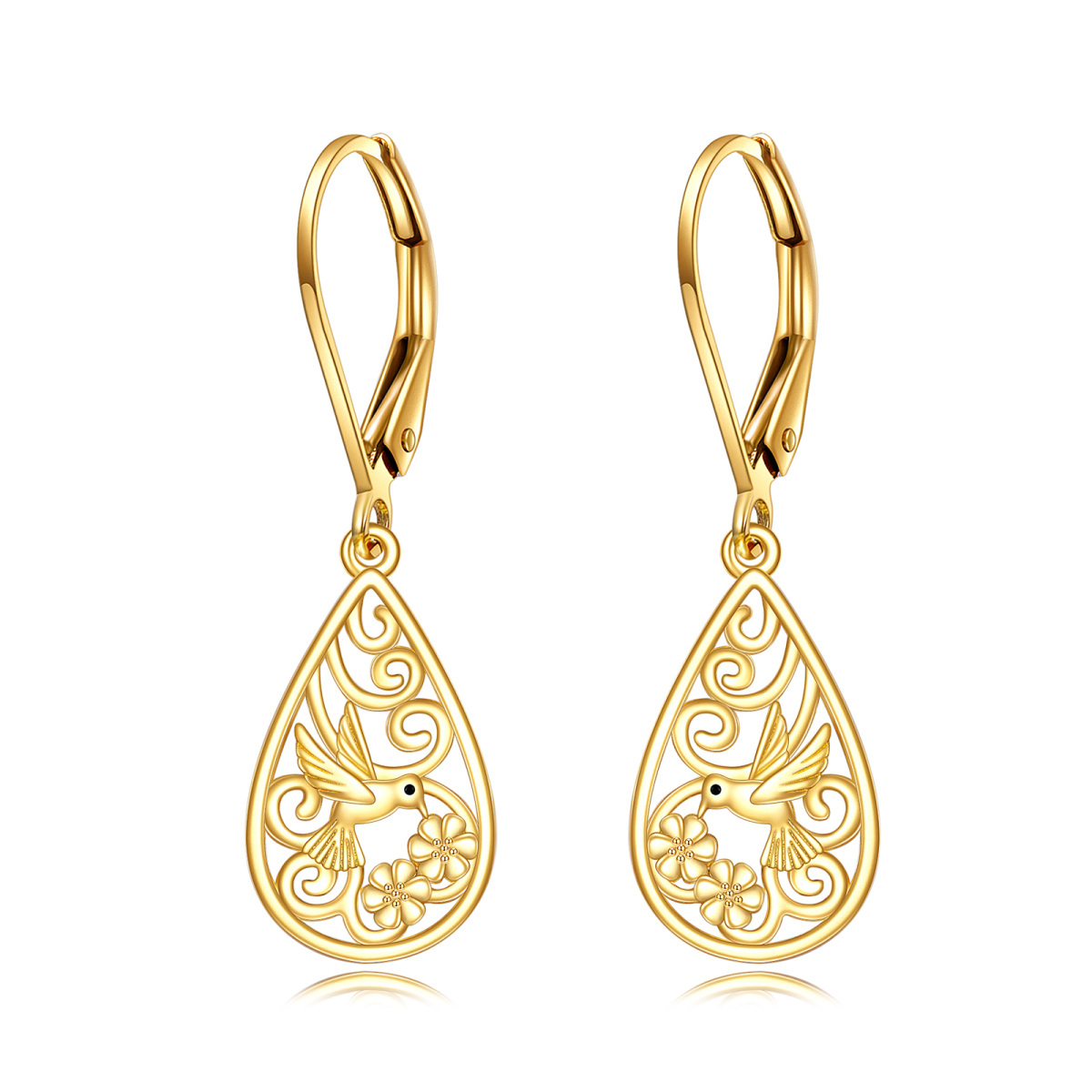 10K Gold Hummingbird Drop Earrings For Women-1