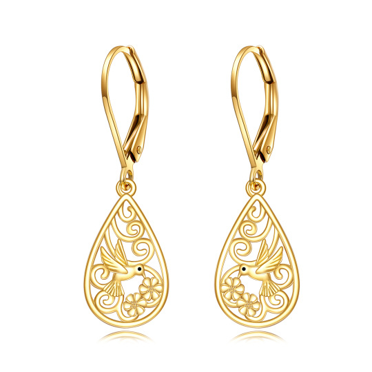 Boucles d'oreilles en or 14K en forme de colibri et de goutte d'eau