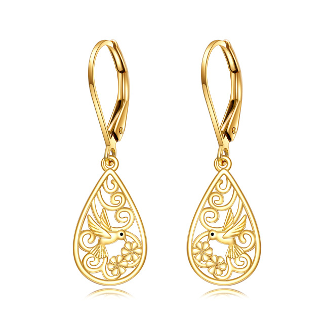 14K Gold Hummingbird & Drop Shape Drop Earrings-3