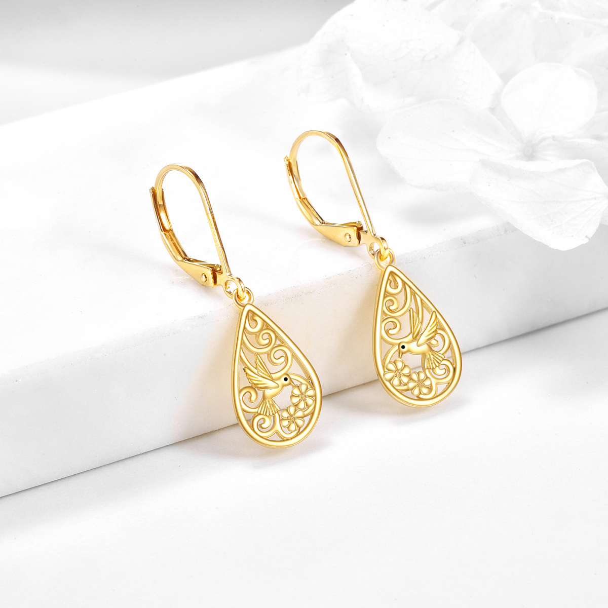 14K Gold Hummingbird Drop Earrings For Women-3