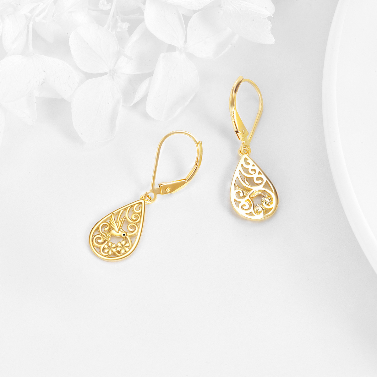 14K Gold Hummingbird Drop Earrings For Women-4