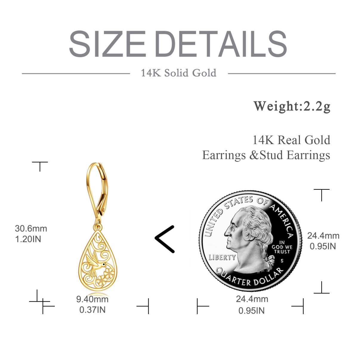 10K Gold Hummingbird Drop Earrings For Women-5