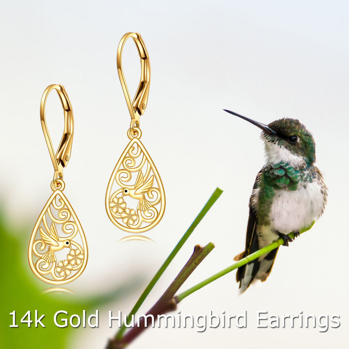 14K Gold Hummingbird Drop Earrings For Women-6