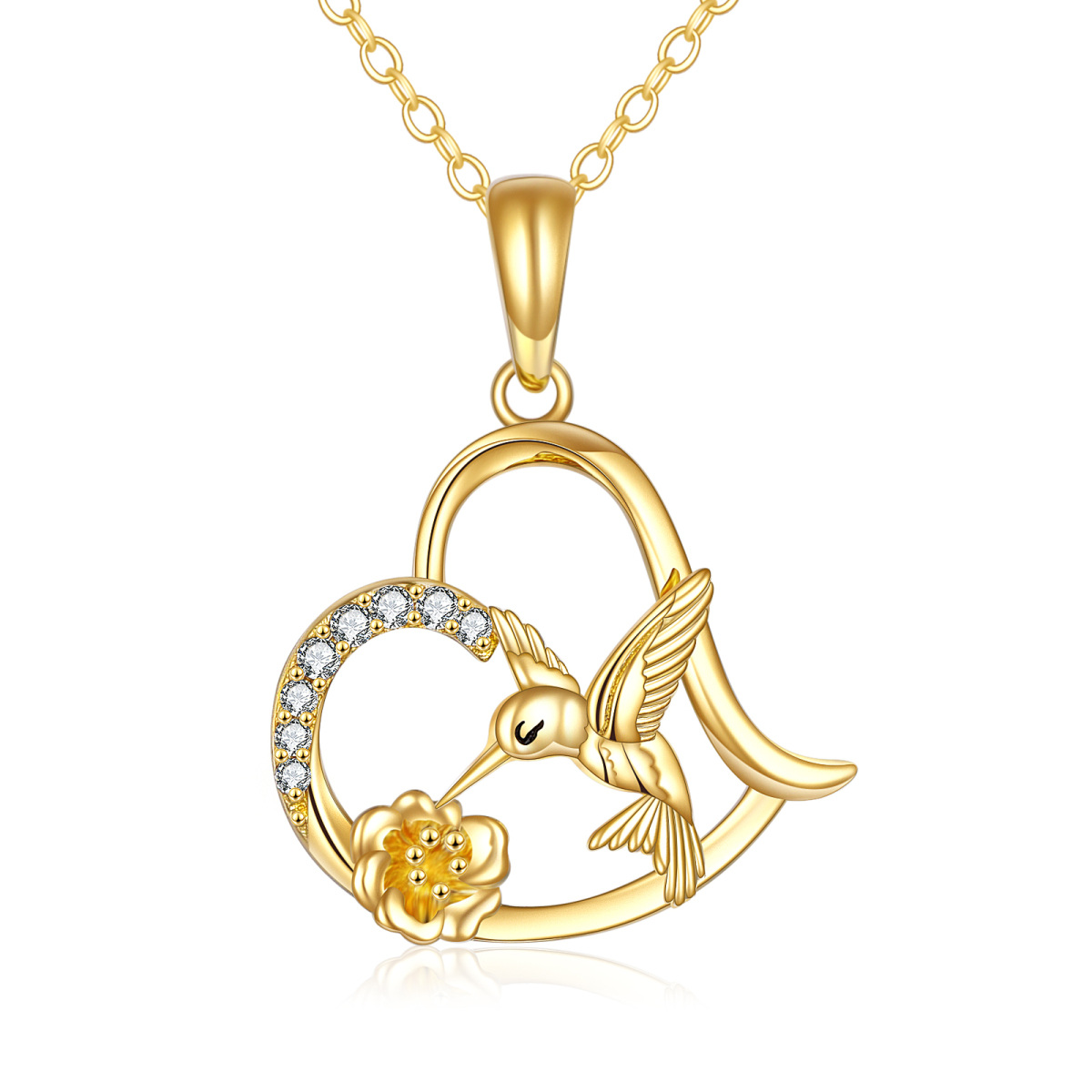 Collier en or 14K à pendentif fleur et coeur colibri en zircon cubique-1