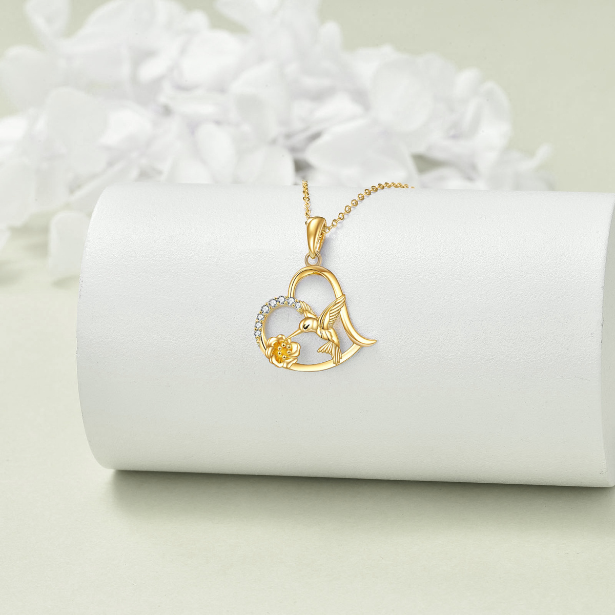 14K Gold Cubic Zirconia Hummingbird Flower & Heart Pendant Necklace-3