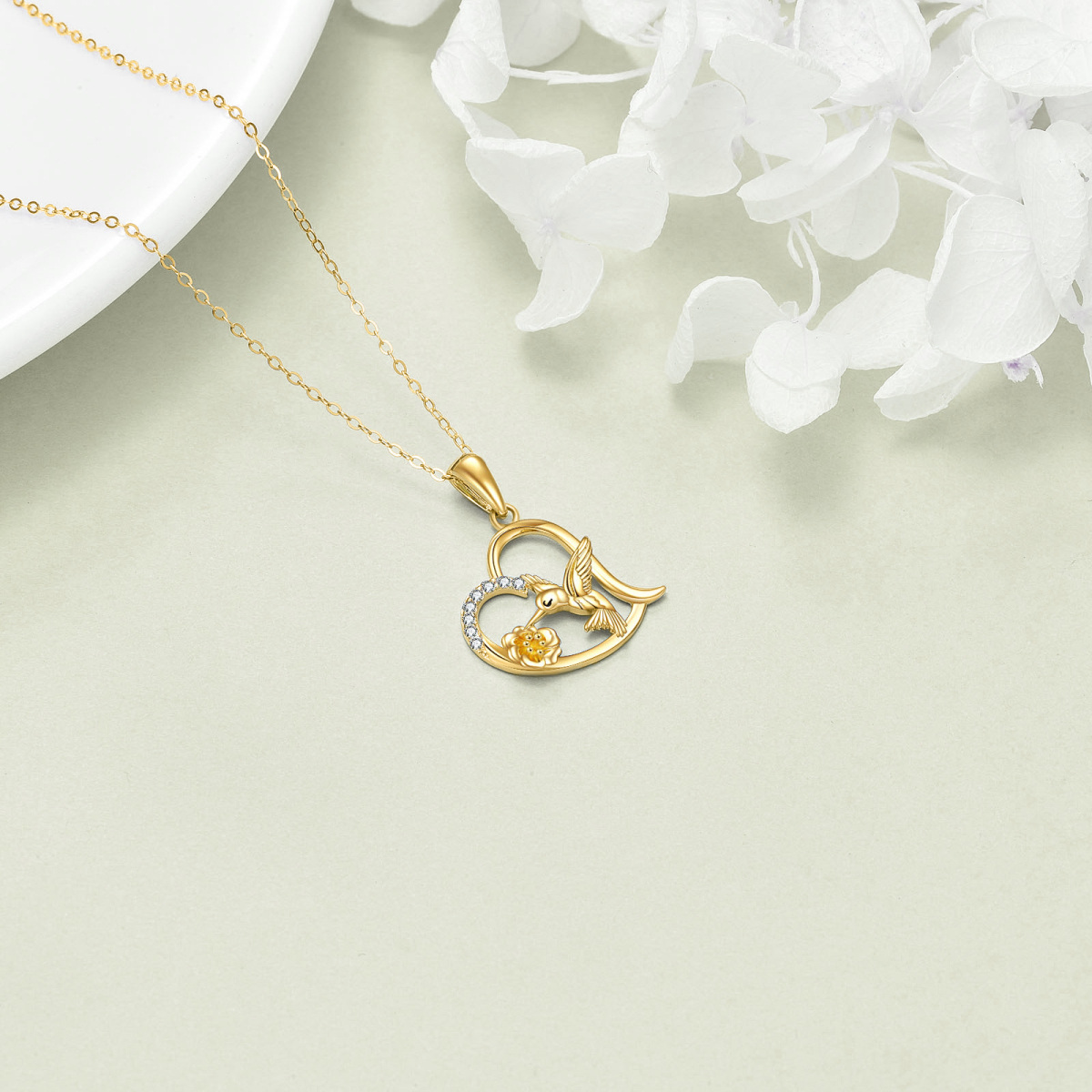 14K Gold Cubic Zirconia Hummingbird Flower & Heart Pendant Necklace-4